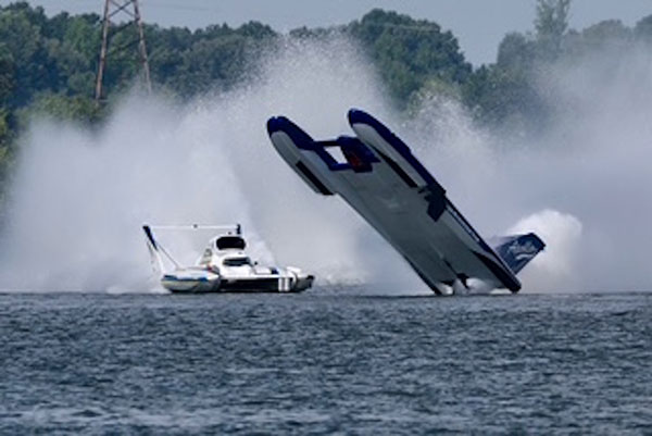 Dave Villwock and the U-27 Apollo become airborne in a Saturday crash at the Guntersville Lake HydroFest