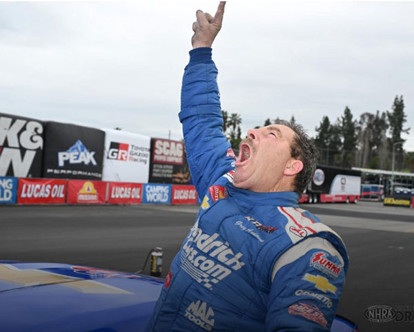 NHRA Winternationals Pro Stock winner Greg Anderson celebrates victory at Ponoma