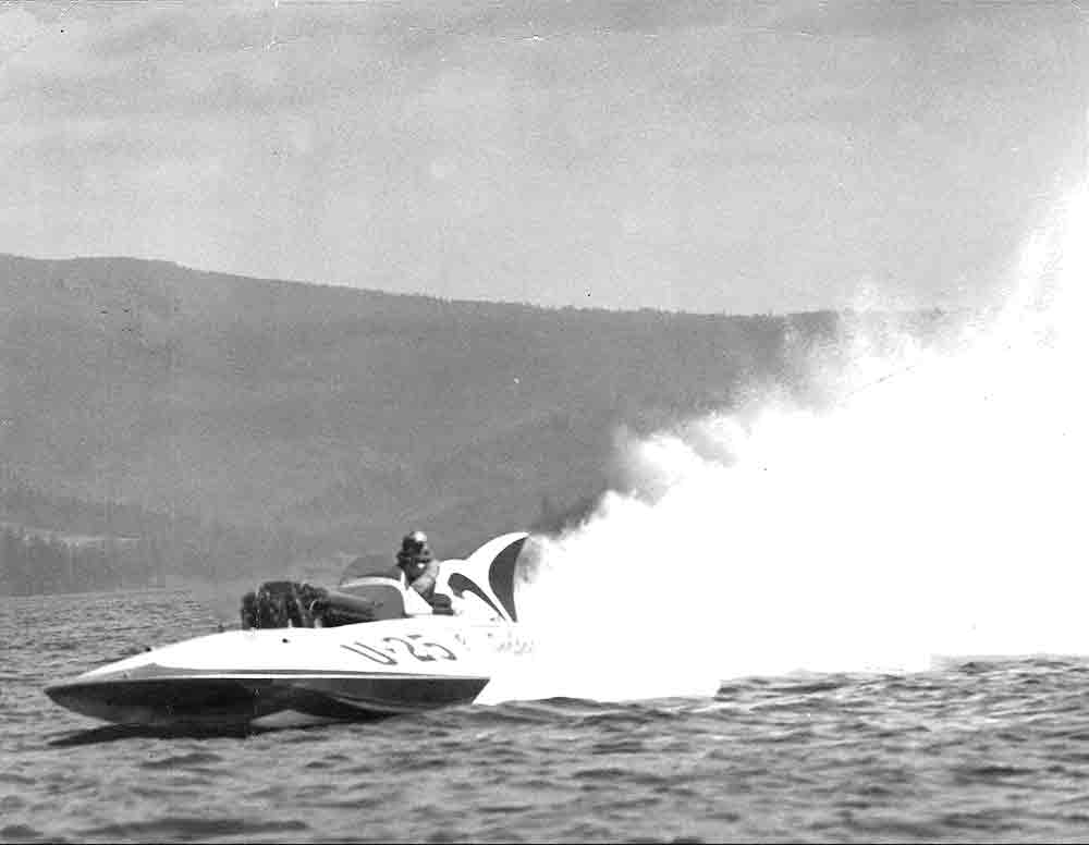 The original Miss Spokane that is subject of a restoration project throws up a big roostertail in the 1960s on Lake Coeur d’Alene. File photo