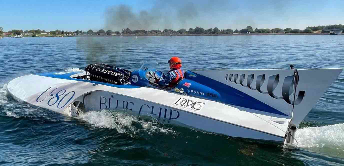 Mitch Evans from Chelan in his restored U-80 vintage hydro, Blue Chip. 