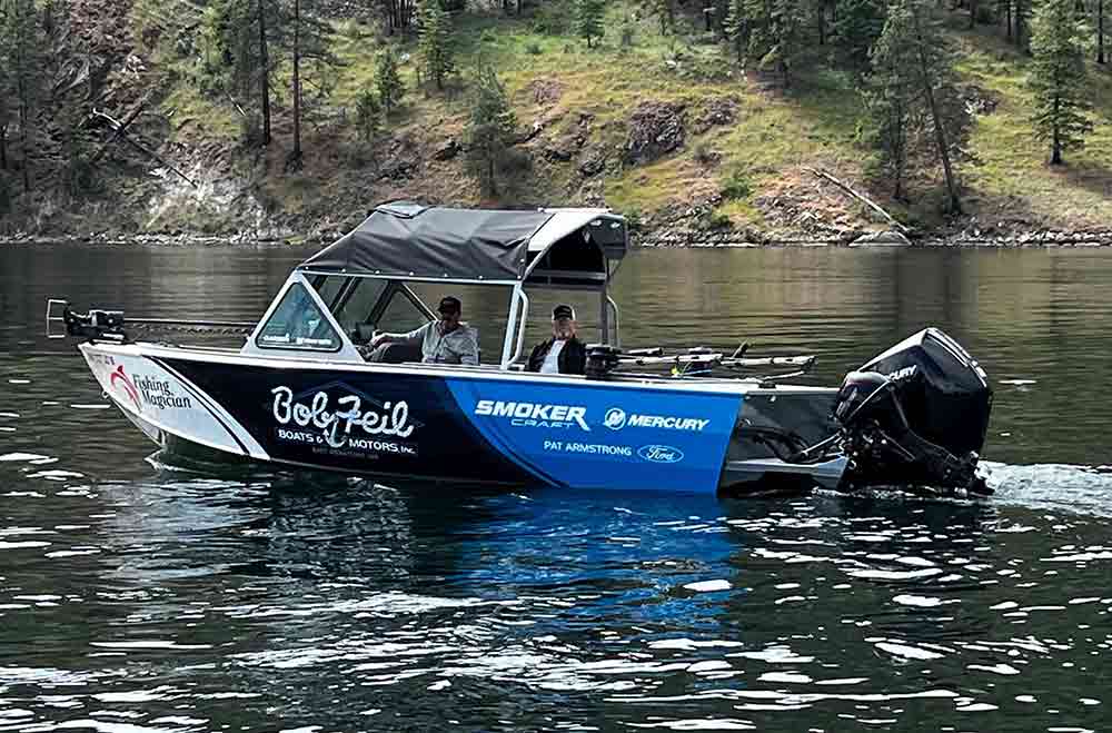 The Smoker Craft Phantom boat used by The Fishing Magician for spring trout fishing at Rufus Woods Reservoir.