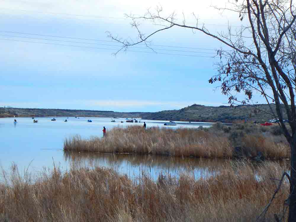 Anglers fishing from boats and shore at Burke Lake on March 1, opening day of trout season in the Columbia Basin.
